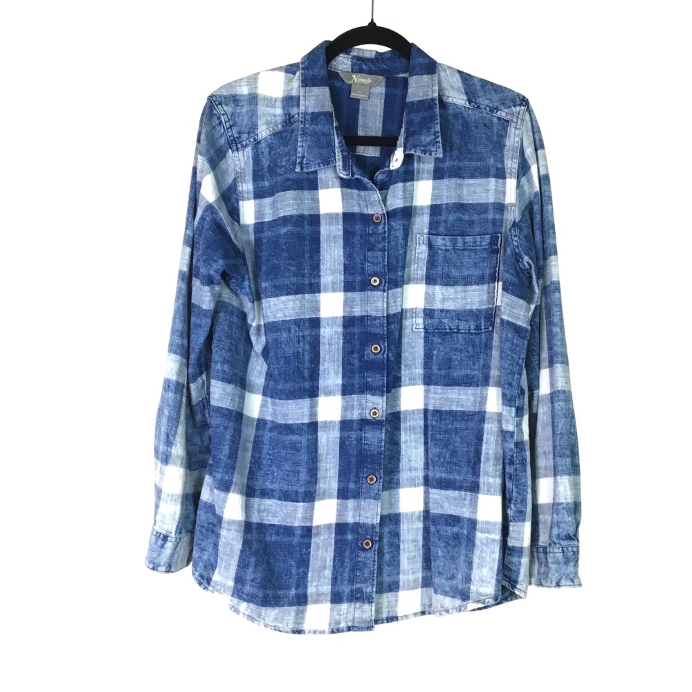 Natural Reflections Plaid Cotton Shirt Button Up Womens XL Blue